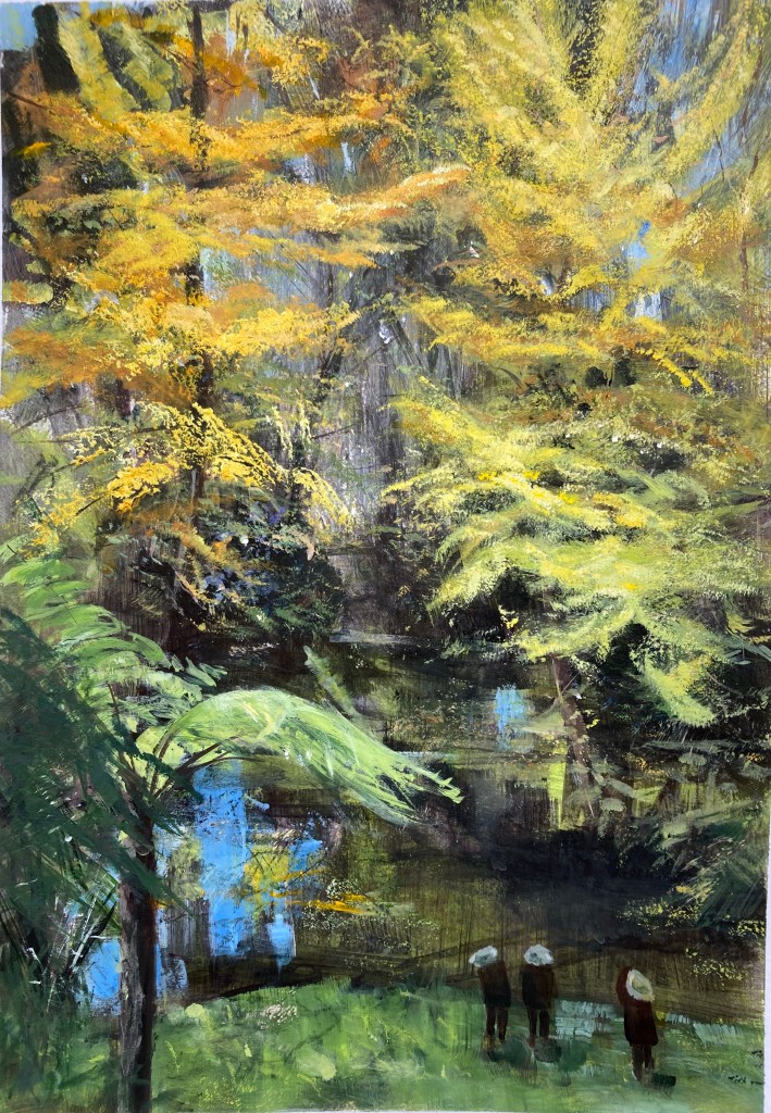 Nicholas Memorial, gardens, trees, semi abstract, Australian, native flora, eucalypts, gum trees, landscape, autumn colours, reflections, lake